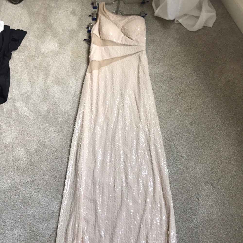 Nude, sequined gown, floor length, one shoulder